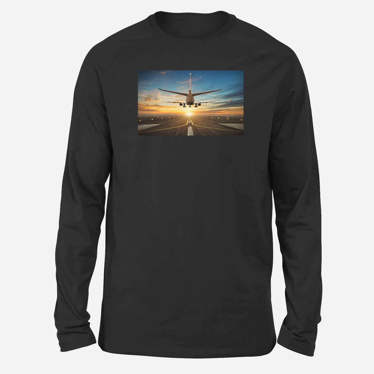 Airplane over Runway Towards the Sunrise Designed Long-Sleeve T-Shirts