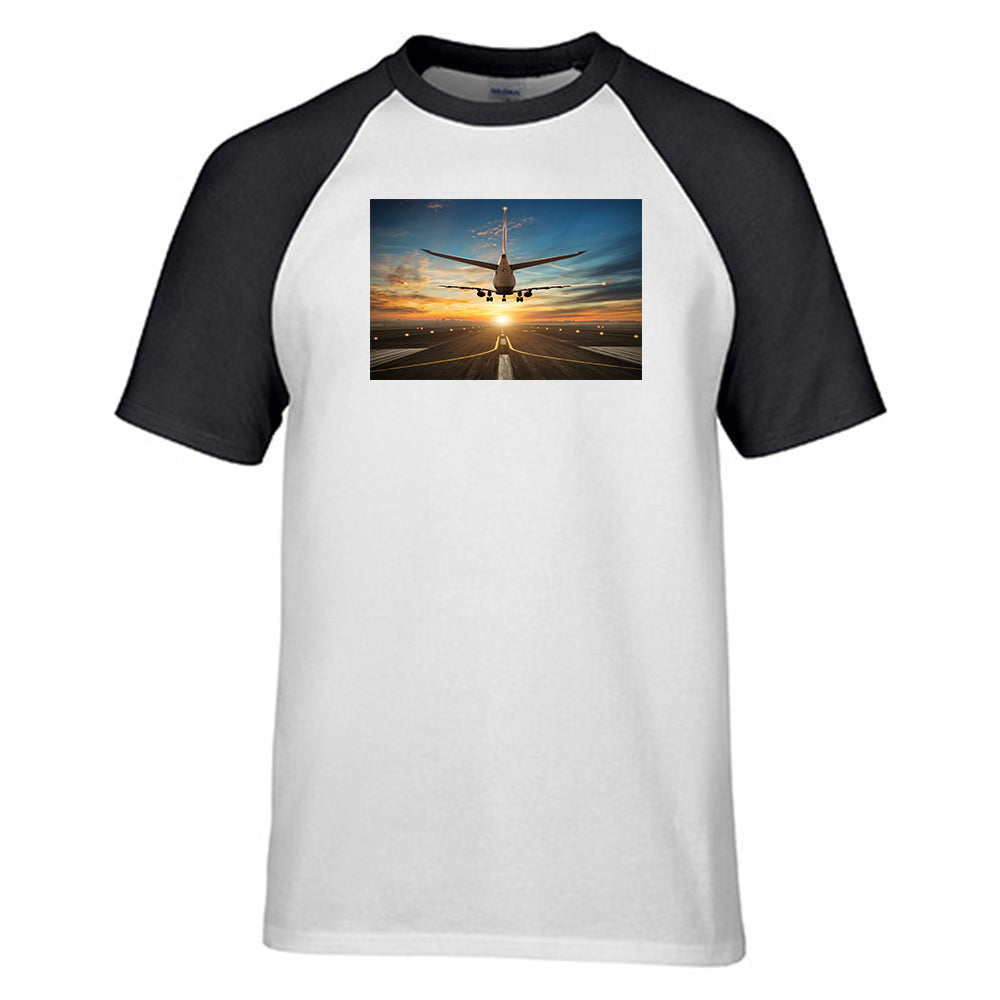 Airplane over Runway Towards the Sunrise Designed Raglan T-Shirts