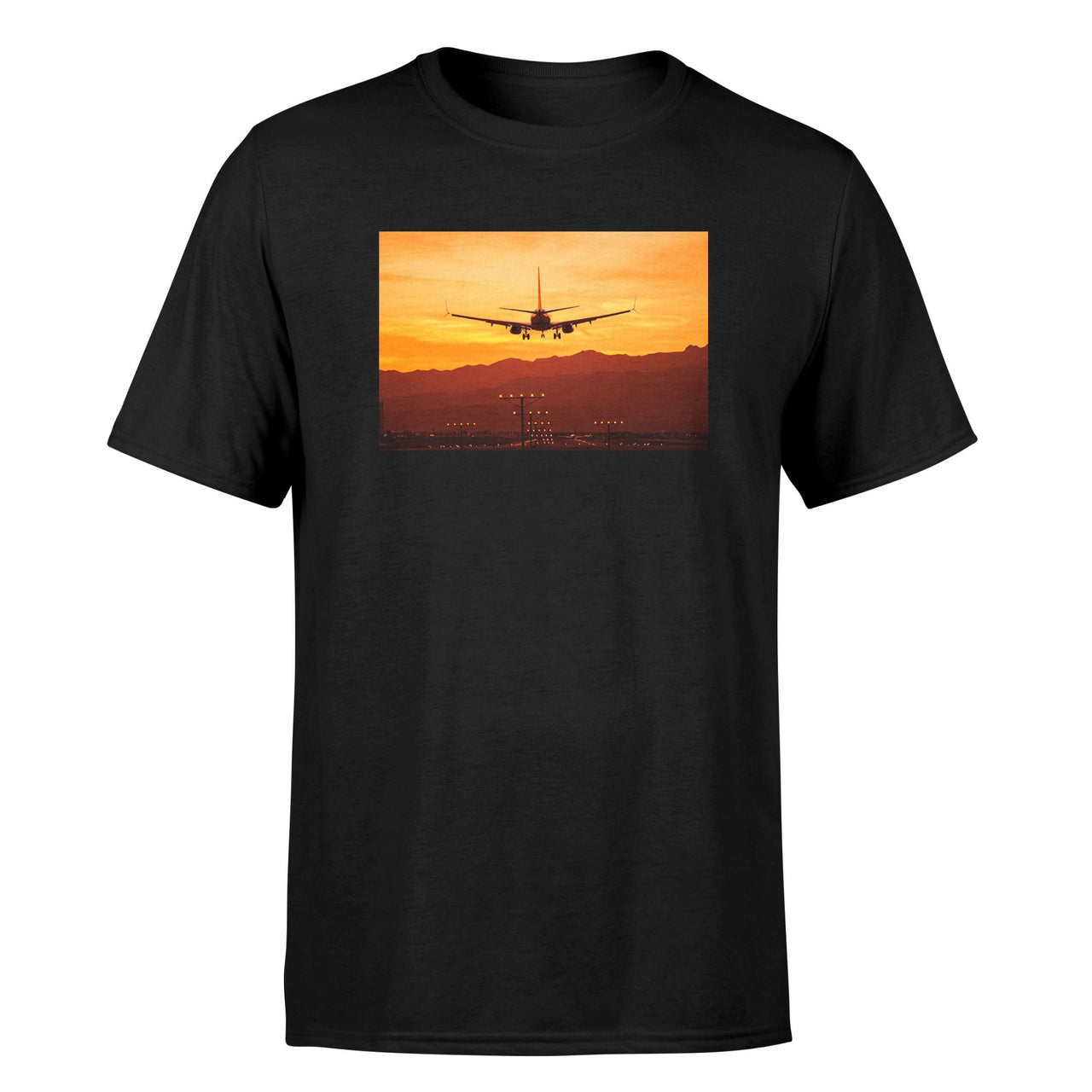 Landing Aircraft During Sunset Designed T-Shirts