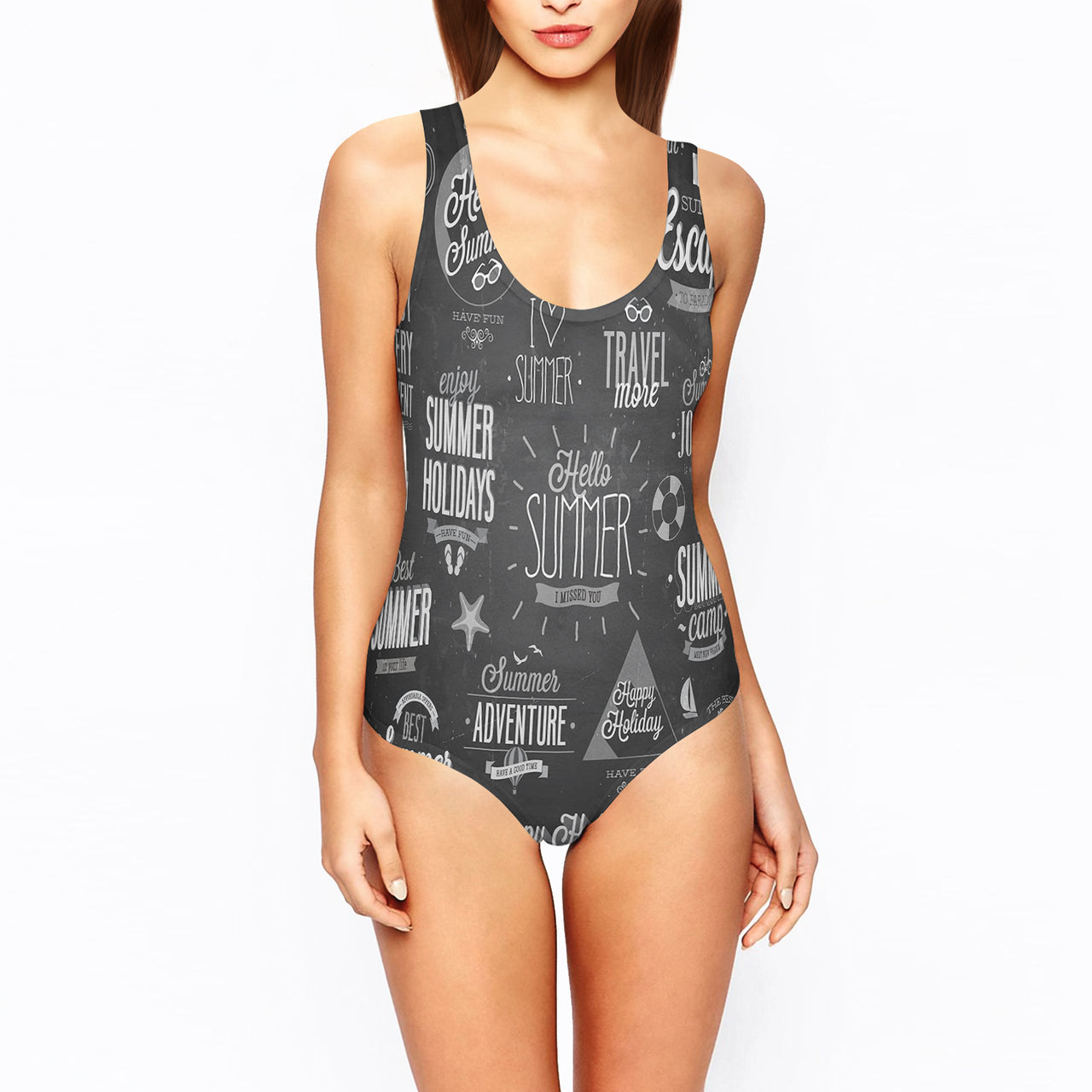 Black & White Super Travel Icons Designed Women Swim Bodysuits