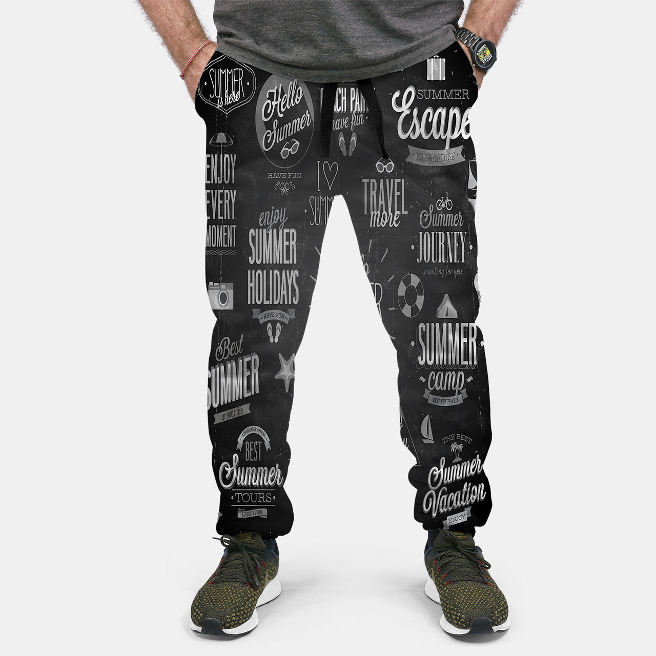 Black & White Super Travel Icons Designed Sweat Pants & Trousers