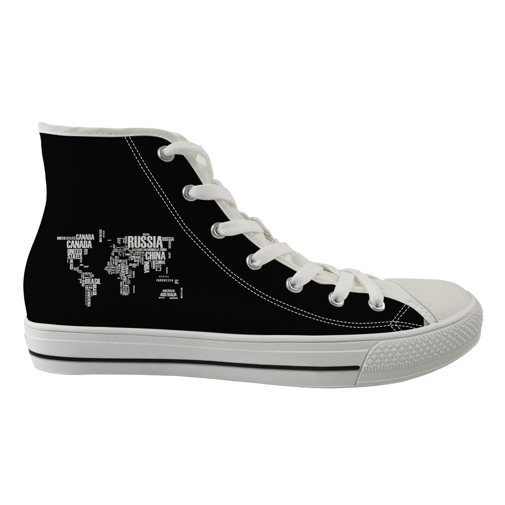 World Map (Text) Designed Long Canvas Shoes (Men)