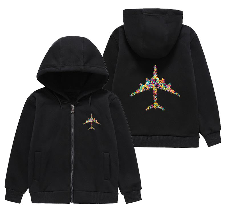 Colourful Airplane Designed "CHILDREN" Zipped Hoodies