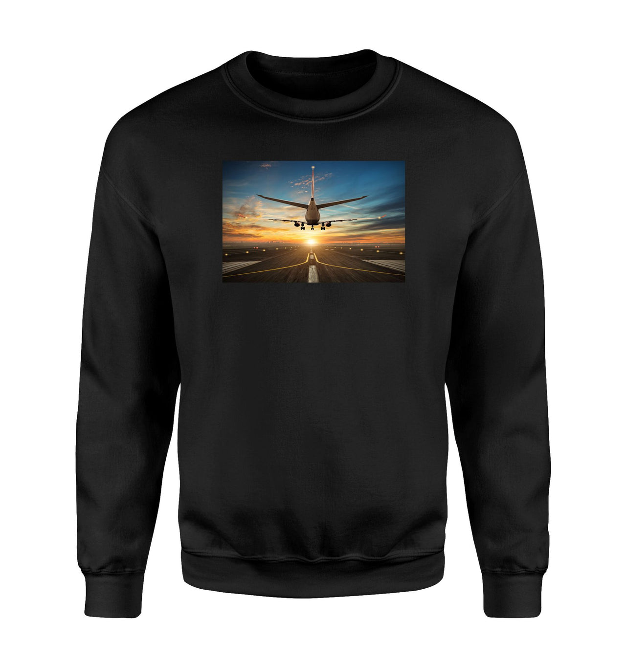 Airplane over Runway Towards the Sunrise Designed Sweatshirts