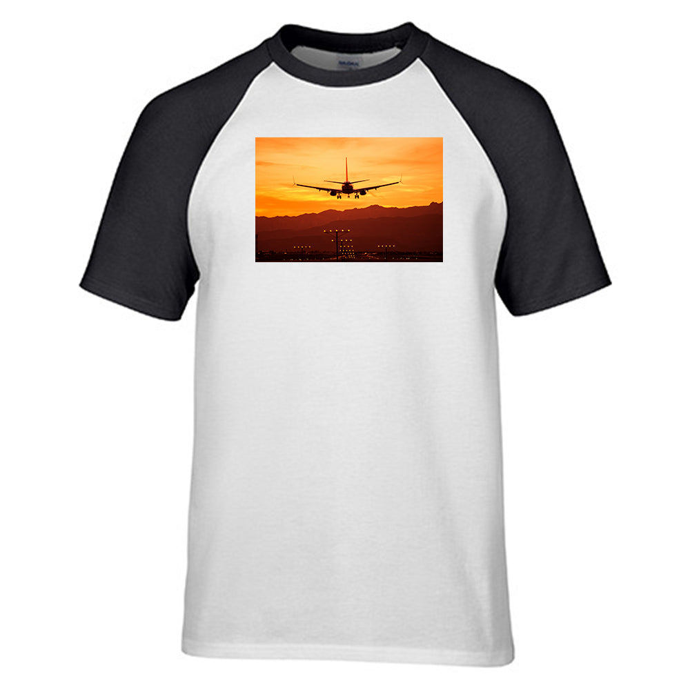 Landing Aircraft During Sunset Designed Raglan T-Shirts