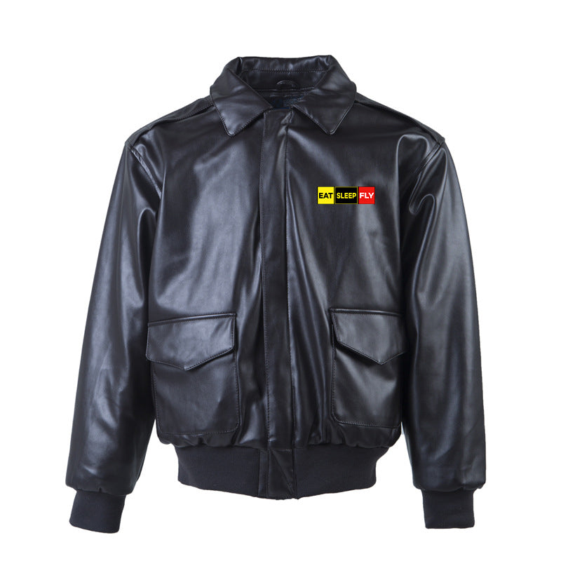 Eat Sleep Fly (Colourful) Designed Leather Bomber Jackets (NO Fur)