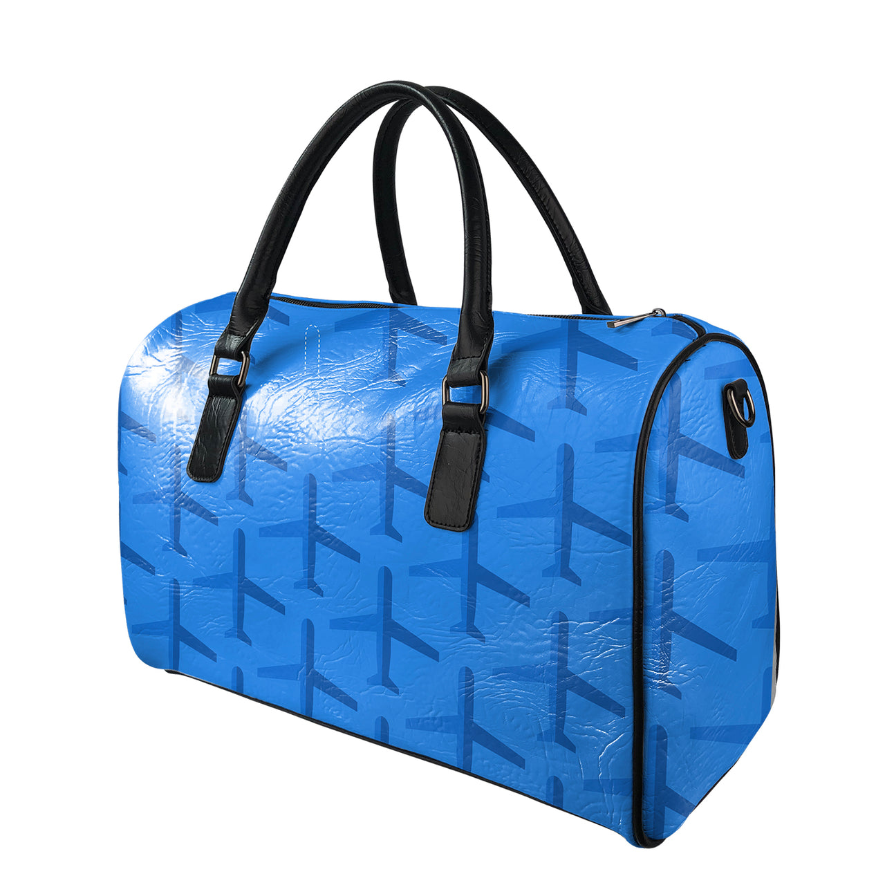 Blue Seamless Airplanes Designed Leather Travel Bag