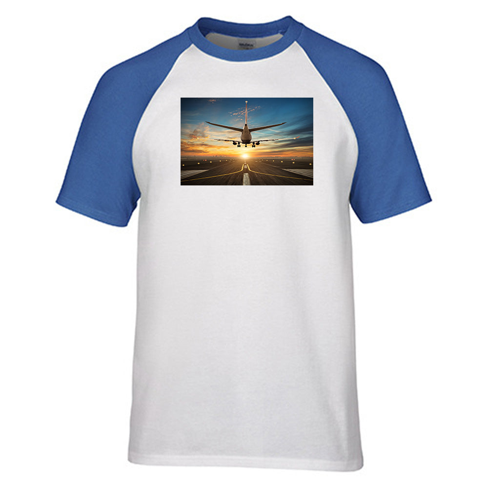 Airplane over Runway Towards the Sunrise Designed Raglan T-Shirts