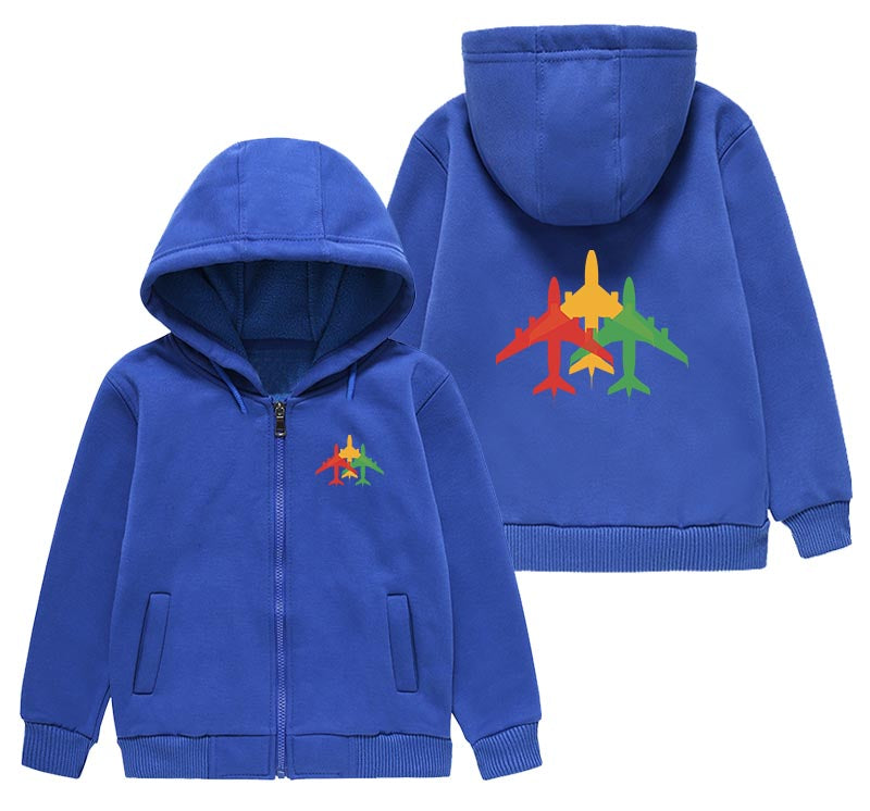 Colourful 3 Airplanes Designed "CHILDREN" Zipped Hoodies