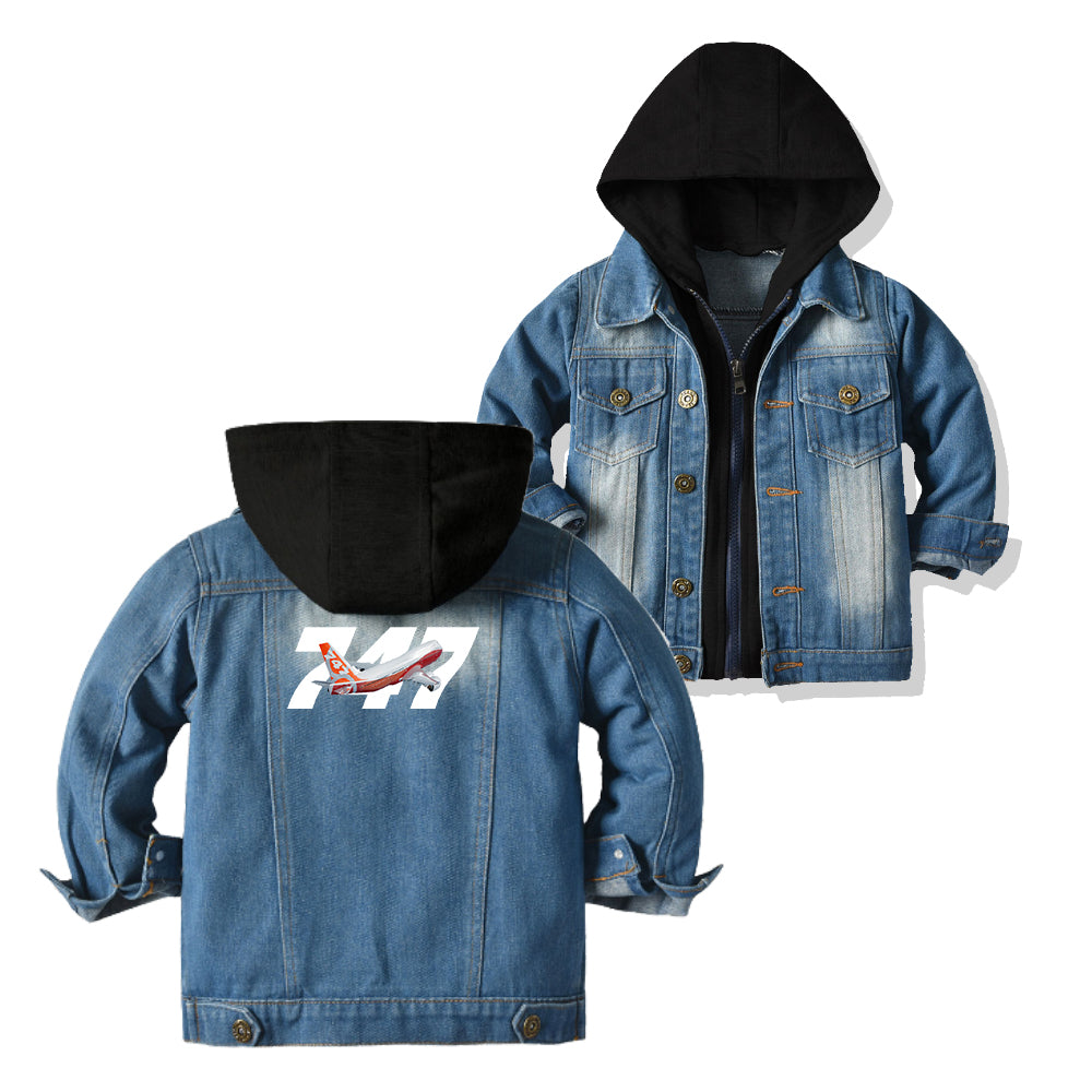 Super Boeing 747 Intercontinental Designed Children Hooded Denim Jackets