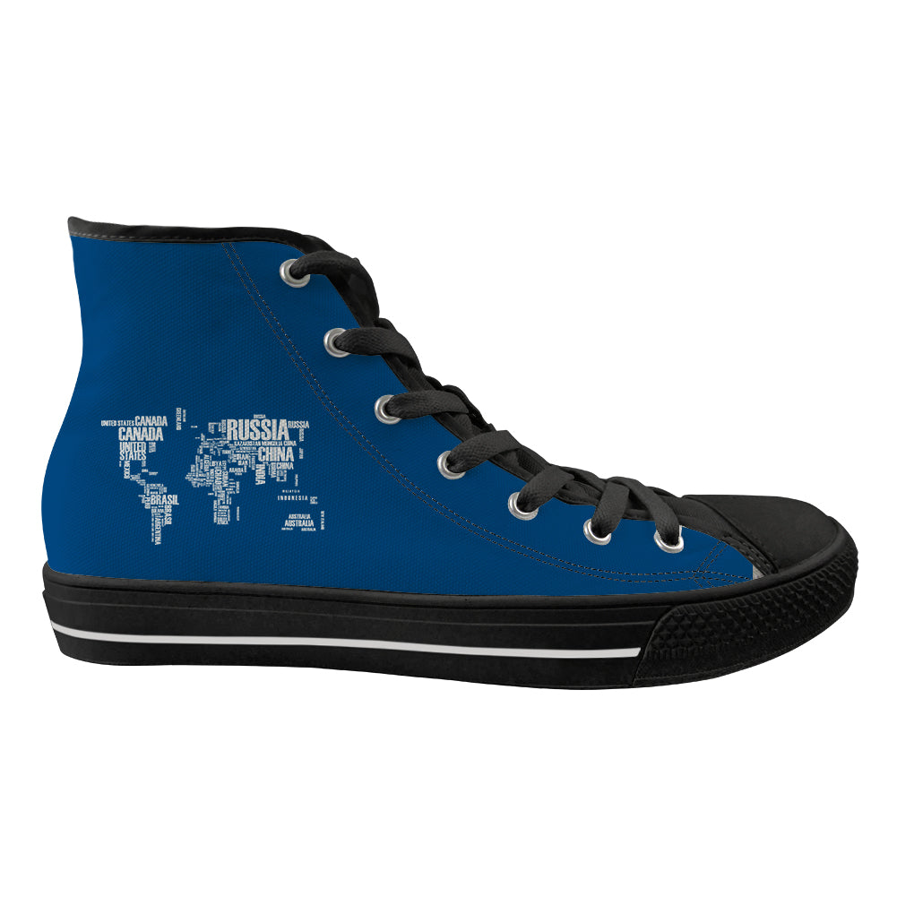 World Map (Text) Designed Long Canvas Shoes (Men)