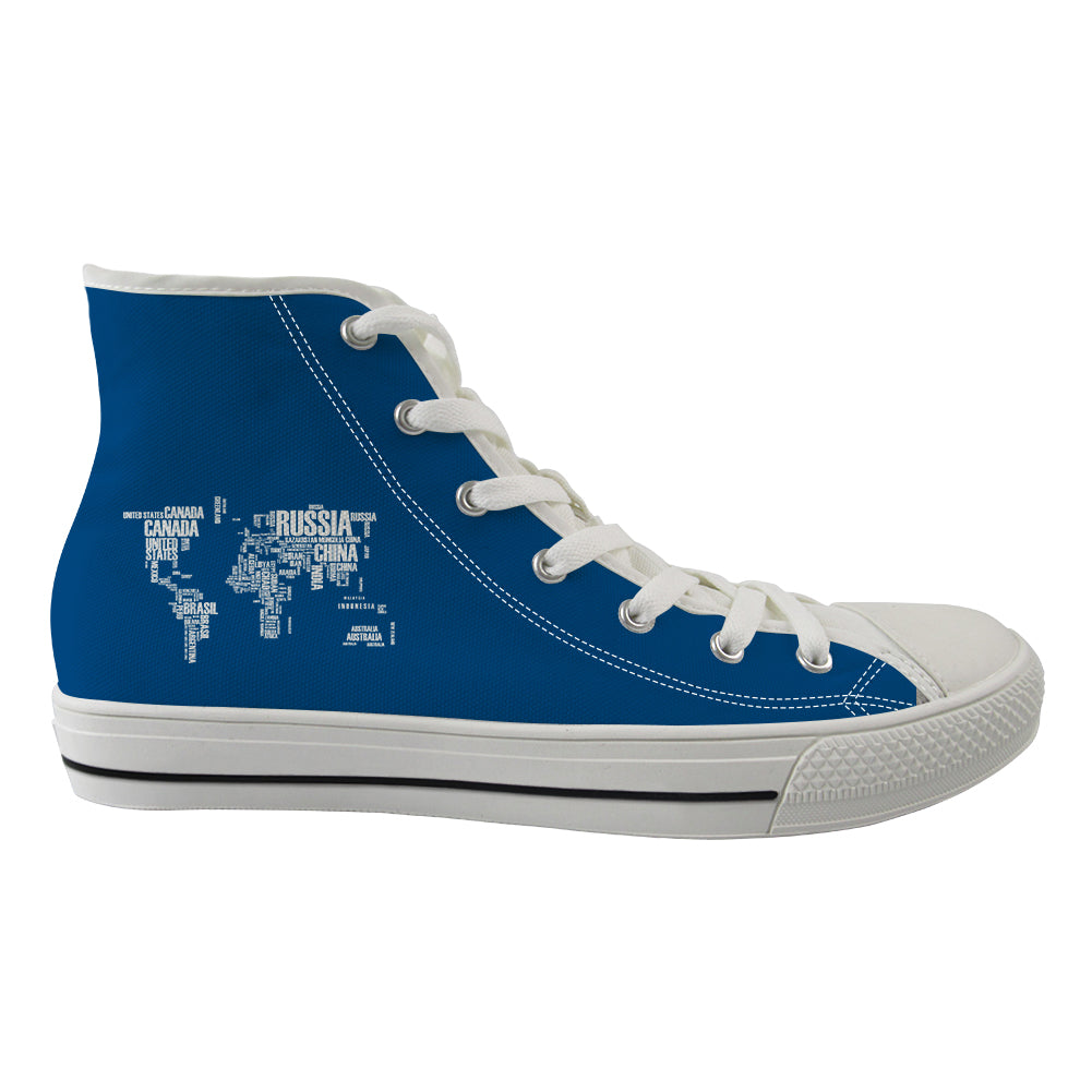 World Map (Text) Designed Long Canvas Shoes (Men)