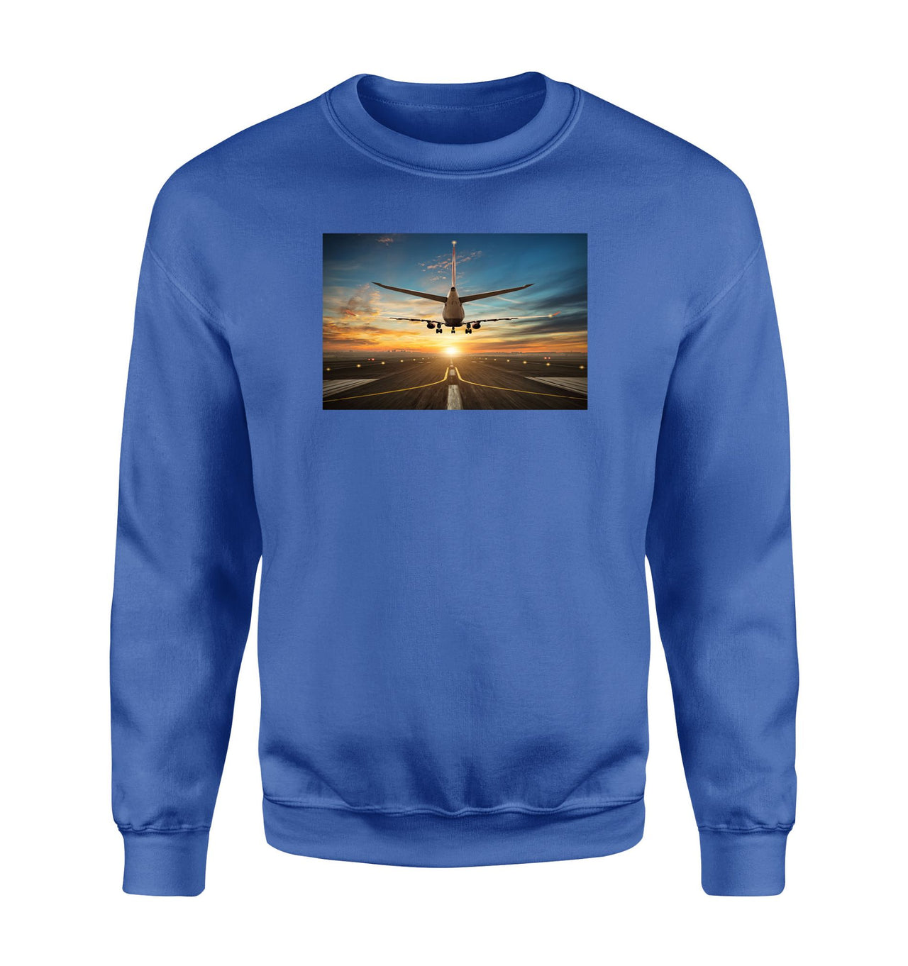 Airplane over Runway Towards the Sunrise Designed Sweatshirts