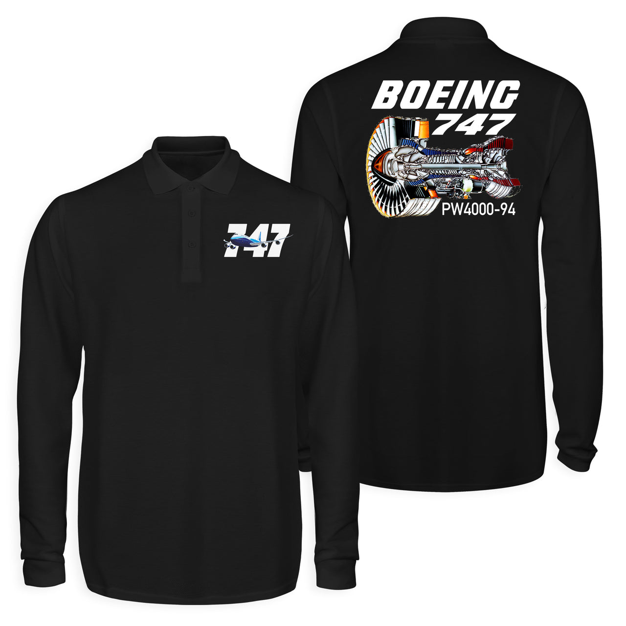 Boeing 747 & PW4000-94 Engine Designed Long Sleeve Polo T-Shirts (Double-Side)