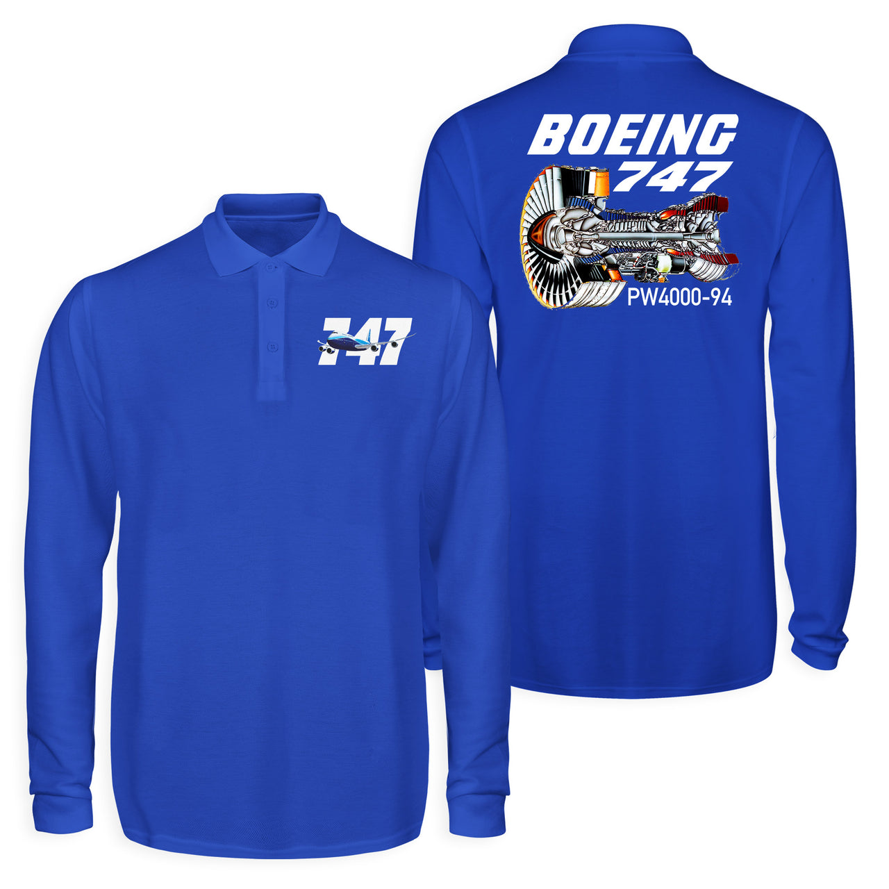 Boeing 747 & PW4000-94 Engine Designed Long Sleeve Polo T-Shirts (Double-Side)