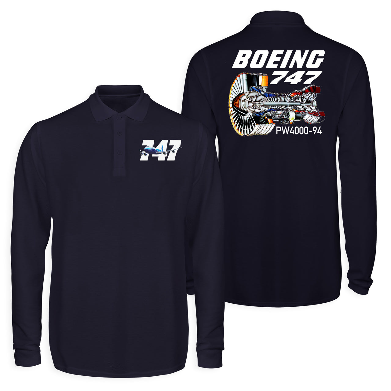 Boeing 747 & PW4000-94 Engine Designed Long Sleeve Polo T-Shirts (Double-Side)