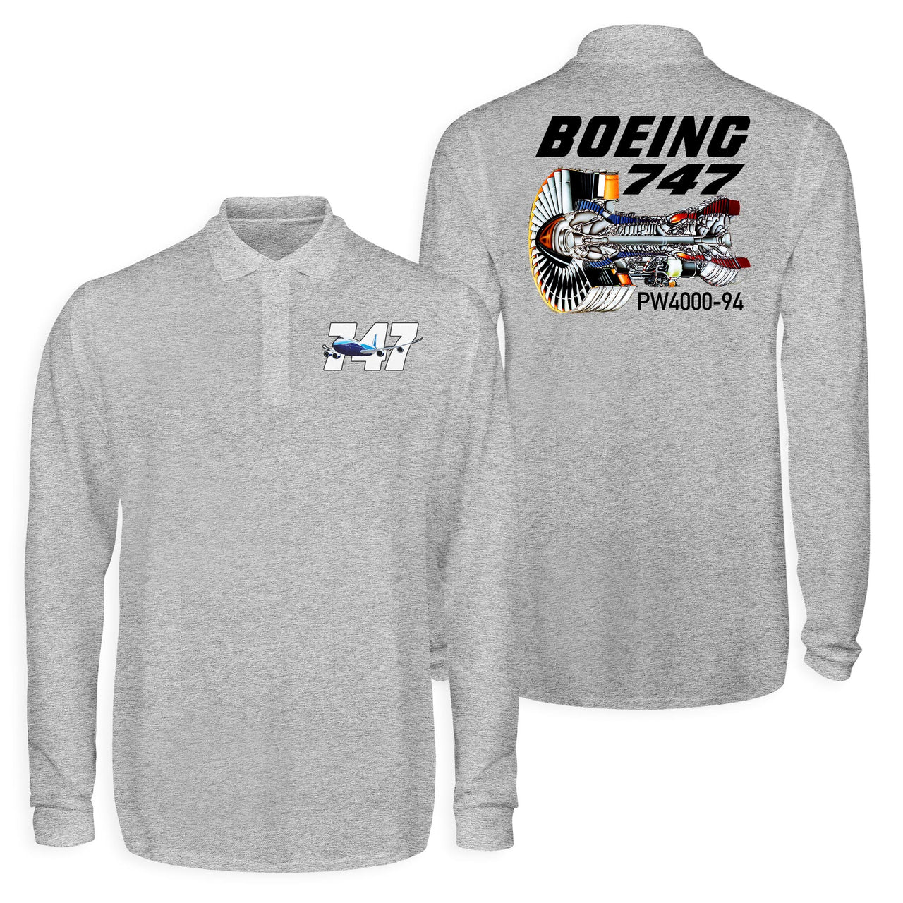 Boeing 747 & PW4000-94 Engine Designed Long Sleeve Polo T-Shirts (Double-Side)