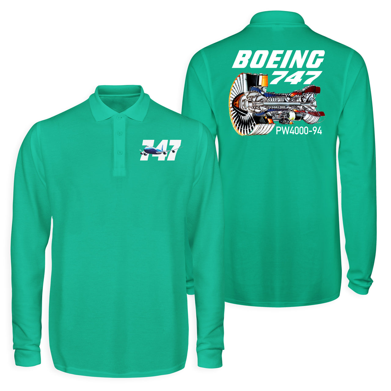 Boeing 747 & PW4000-94 Engine Designed Long Sleeve Polo T-Shirts (Double-Side)