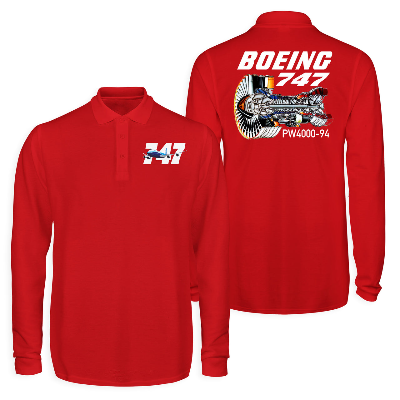 Boeing 747 & PW4000-94 Engine Designed Long Sleeve Polo T-Shirts (Double-Side)