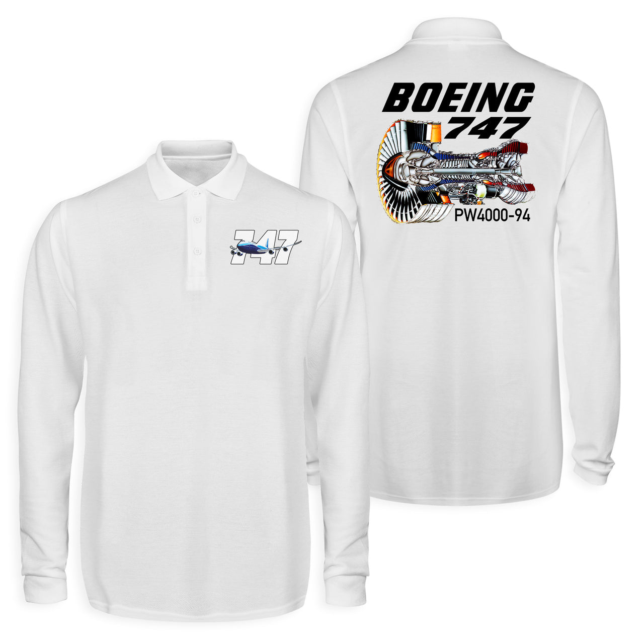 Boeing 747 & PW4000-94 Engine Designed Long Sleeve Polo T-Shirts (Double-Side)