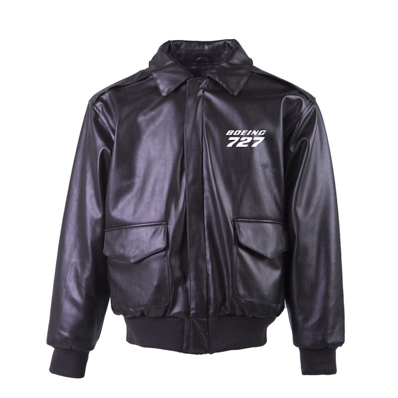 Boeing 727 & Text Designed Leather Bomber Jackets (NO Fur)