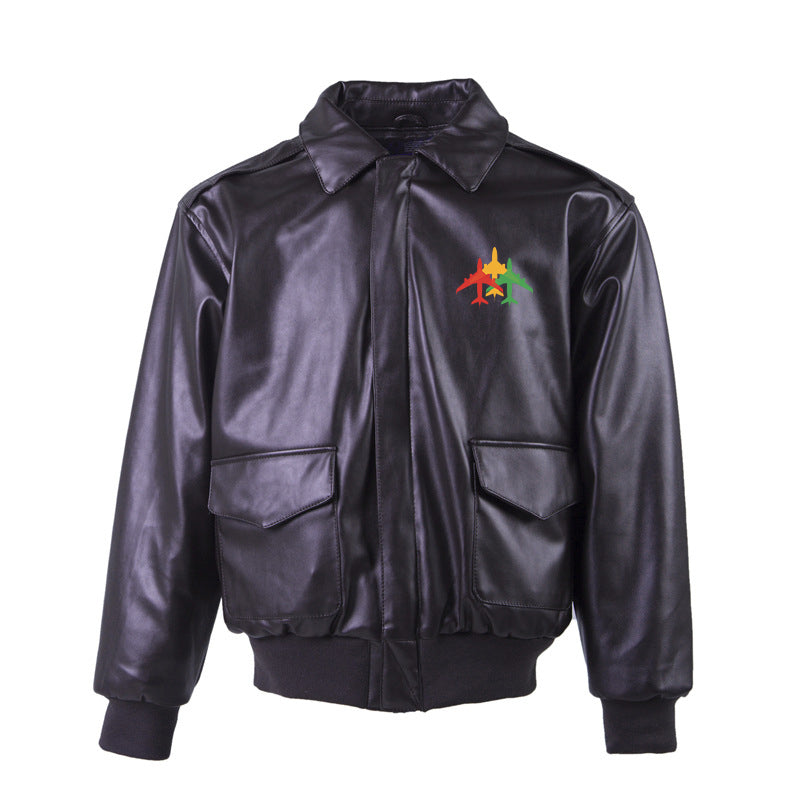 Colourful 3 Airplanes Designed Leather Bomber Jackets (NO Fur)