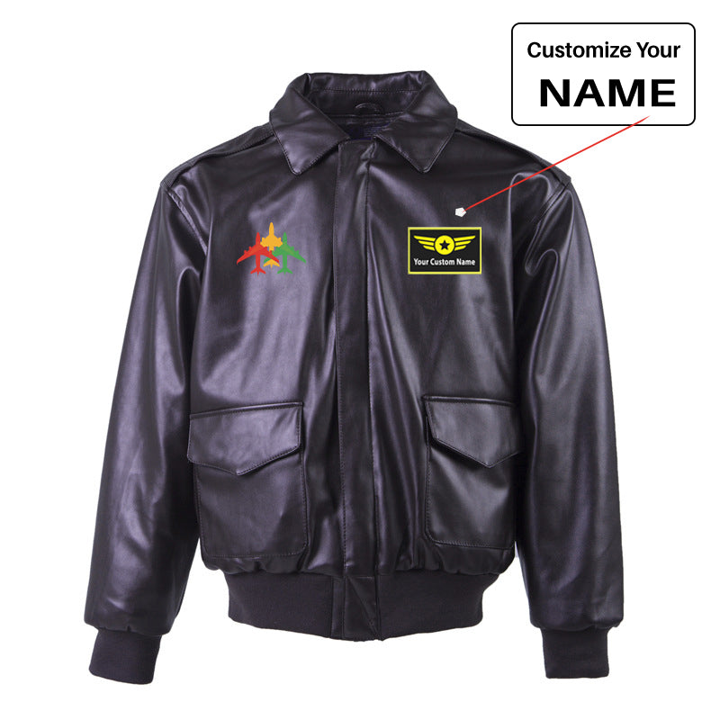 Colourful 3 Airplanes Designed Leather Bomber Jackets (NO Fur)