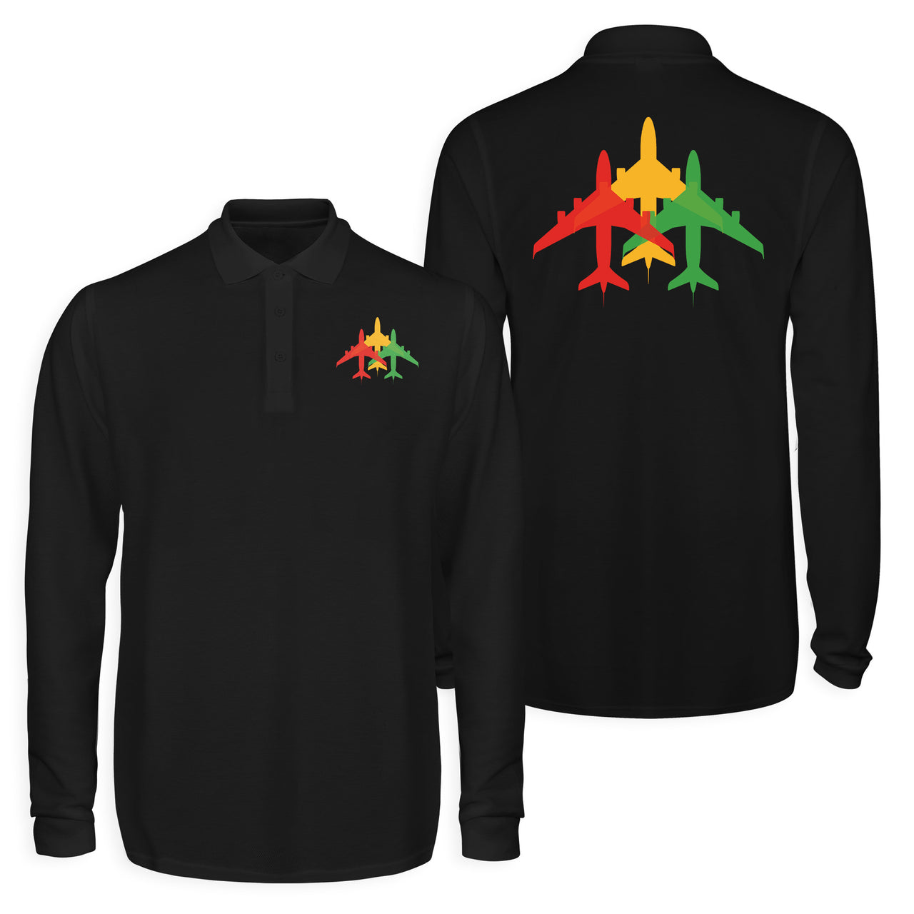 Colourful 3 Airplanes Designed Long Sleeve Polo T-Shirts (Double-Side)