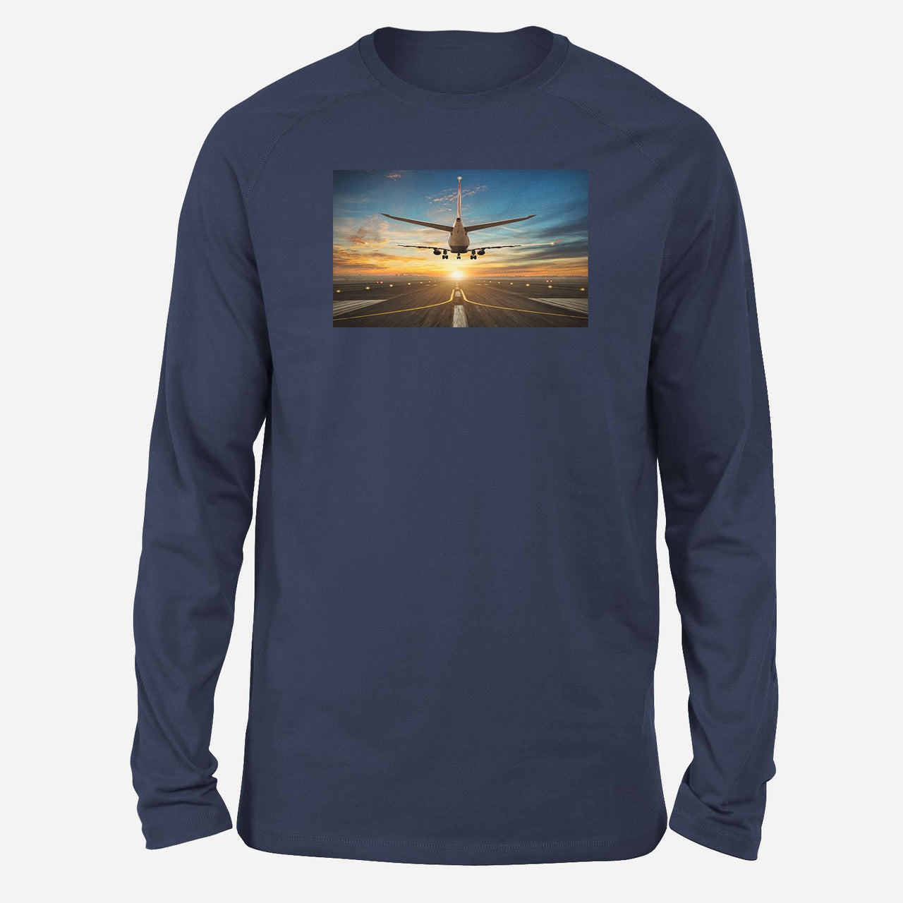 Airplane over Runway Towards the Sunrise Designed Long-Sleeve T-Shirts