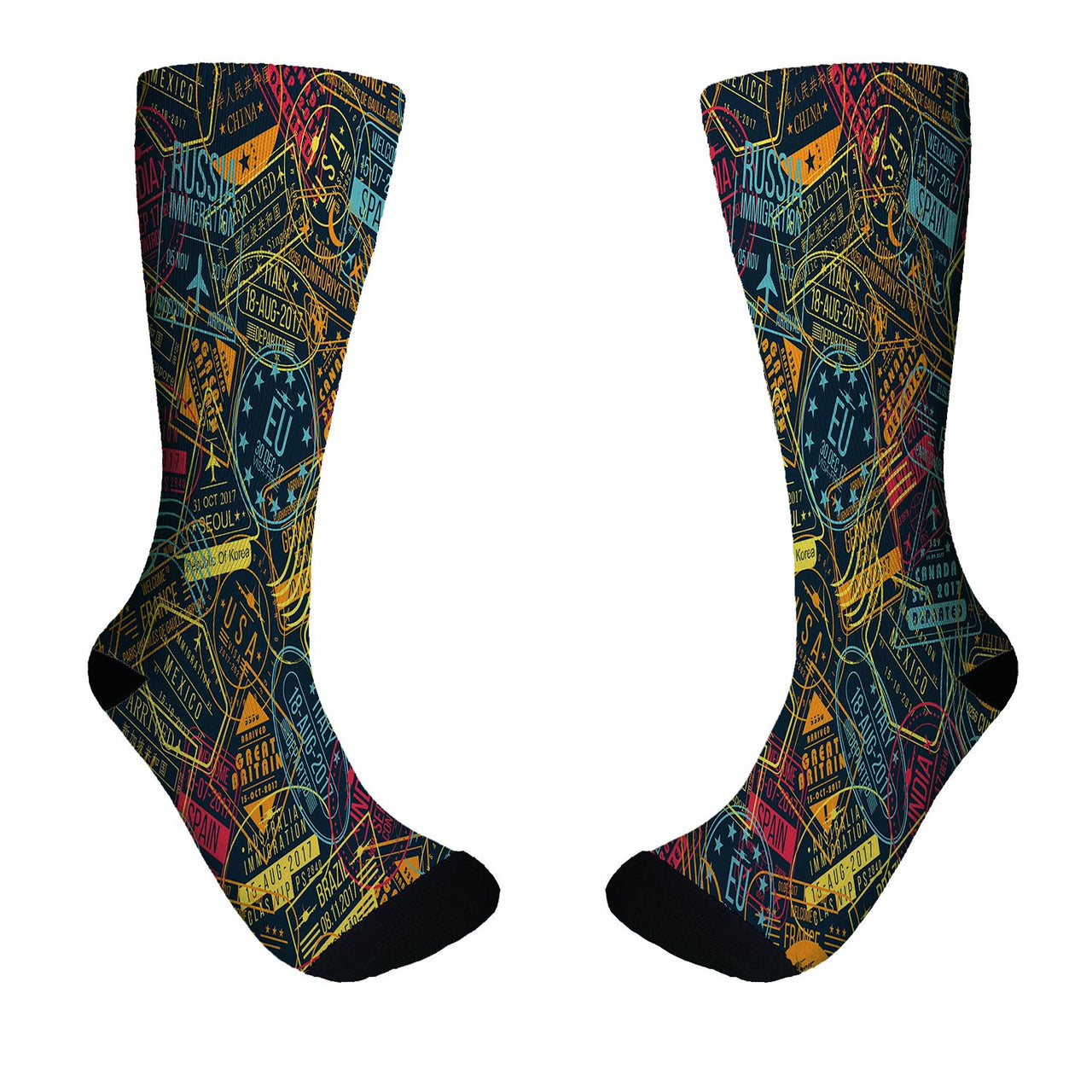 Dark Coloured Passport Stamps Designed Socks