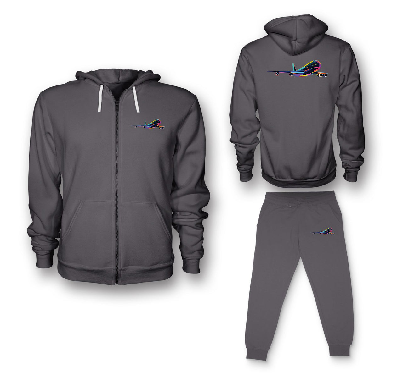 Multicolor Airplane Designed Zipped Hoodies & Sweatpants Set