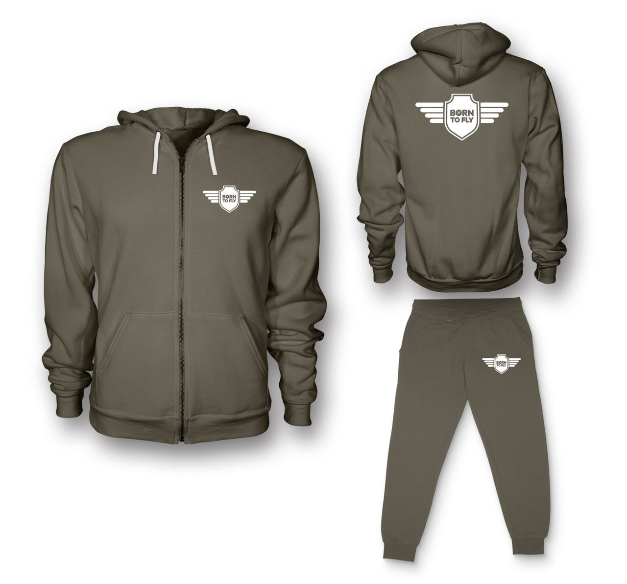 Born To Fly & Badge Designed Zipped Hoodies & Sweatpants Set