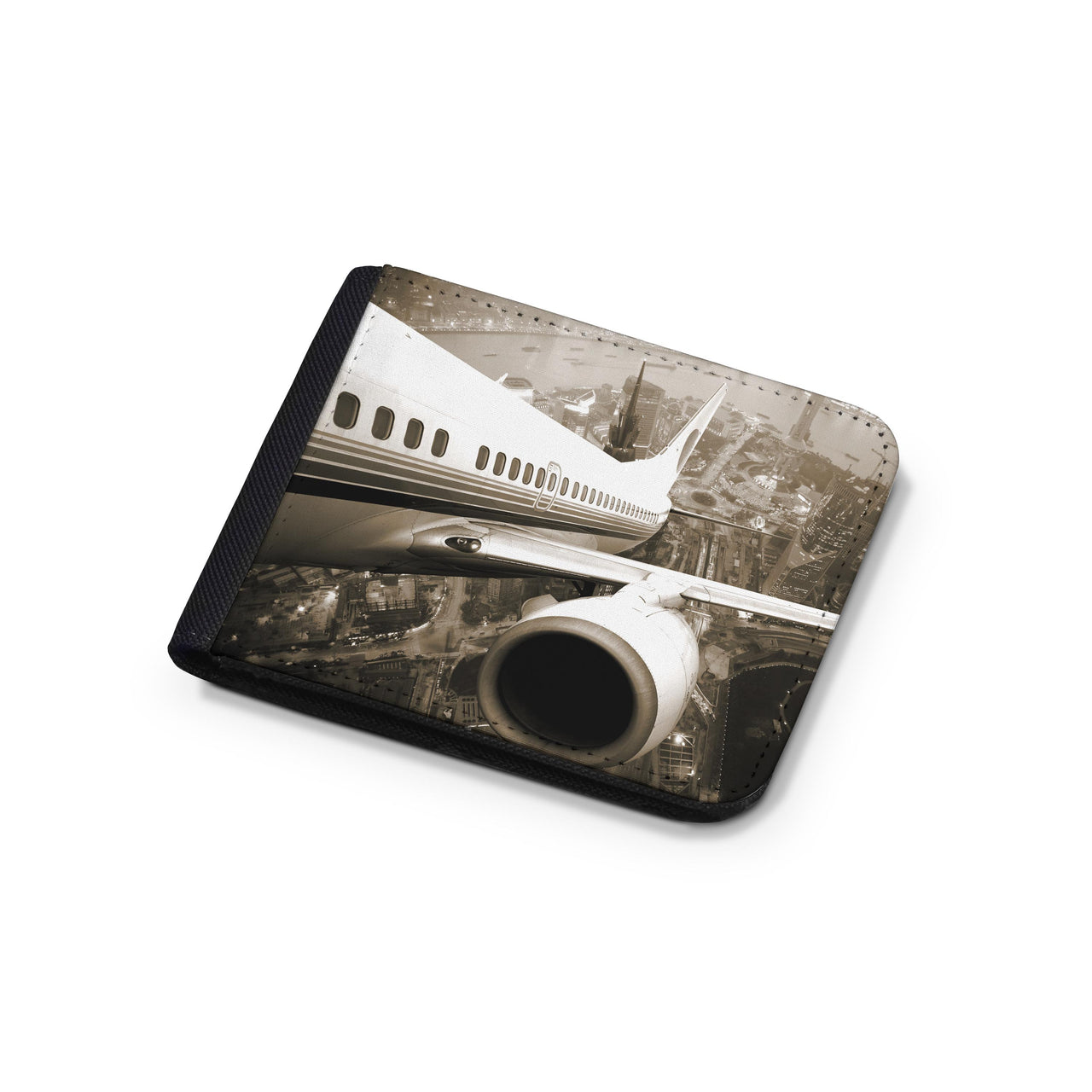 Departing Aircraft & City Scene behind Designed Wallets