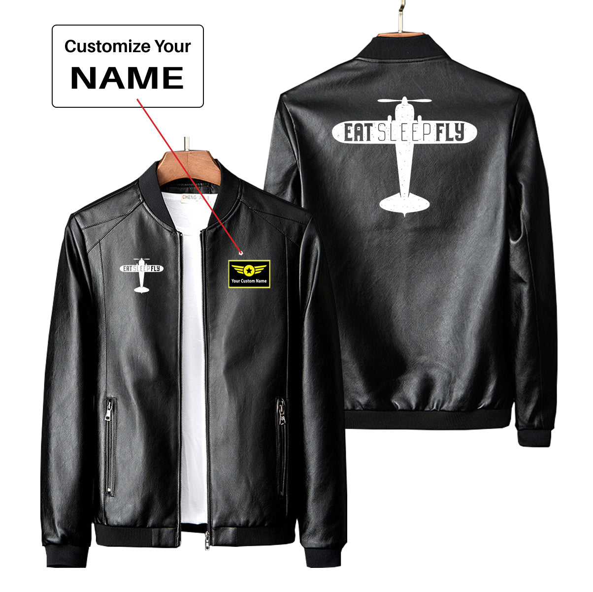 Eat Sleep Fly & Propeller Designed PU Leather Jackets