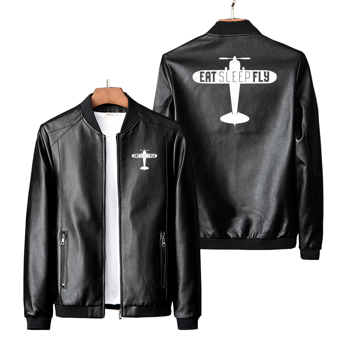 Eat Sleep Fly & Propeller Designed PU Leather Jackets