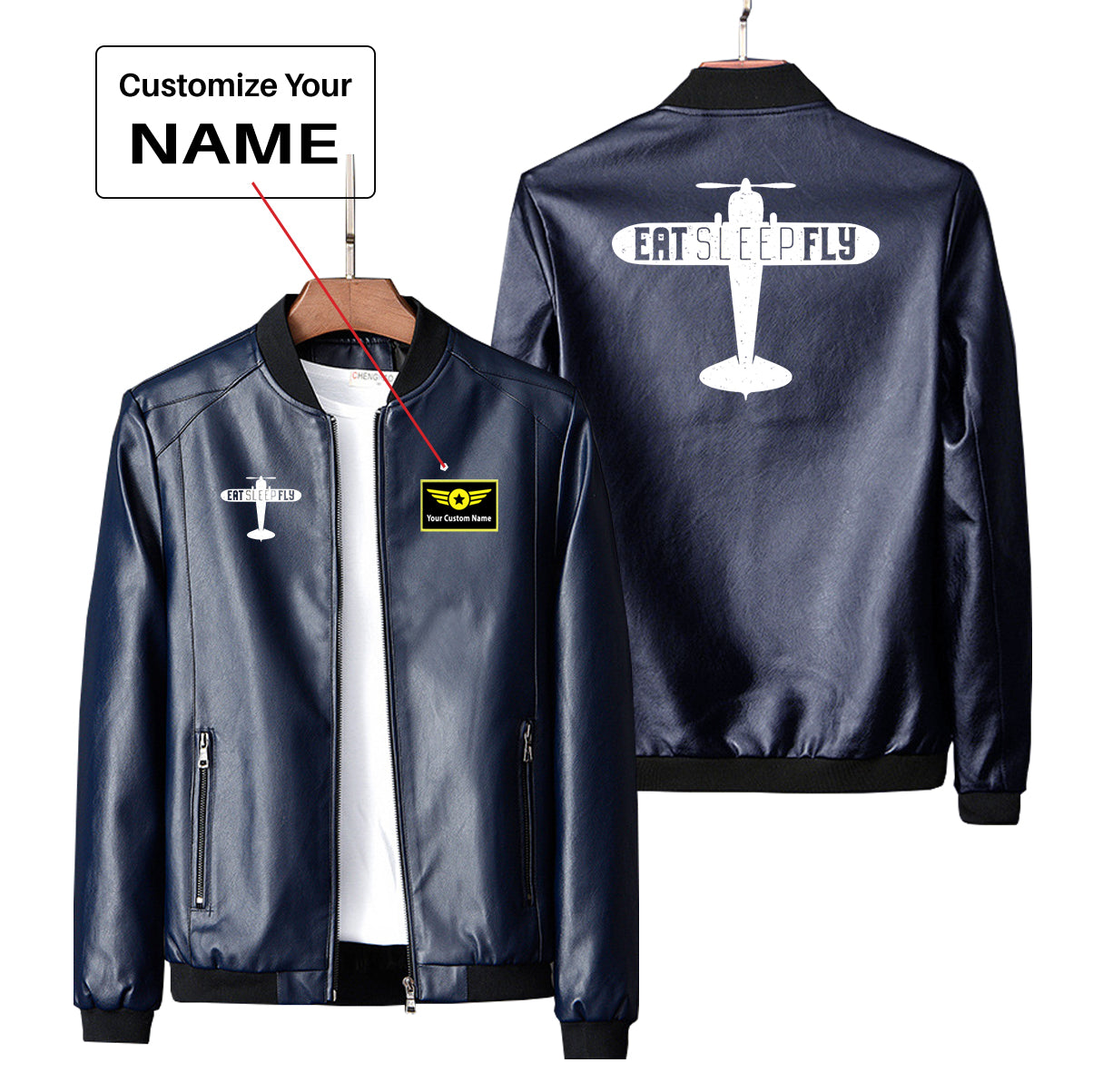 Eat Sleep Fly & Propeller Designed PU Leather Jackets