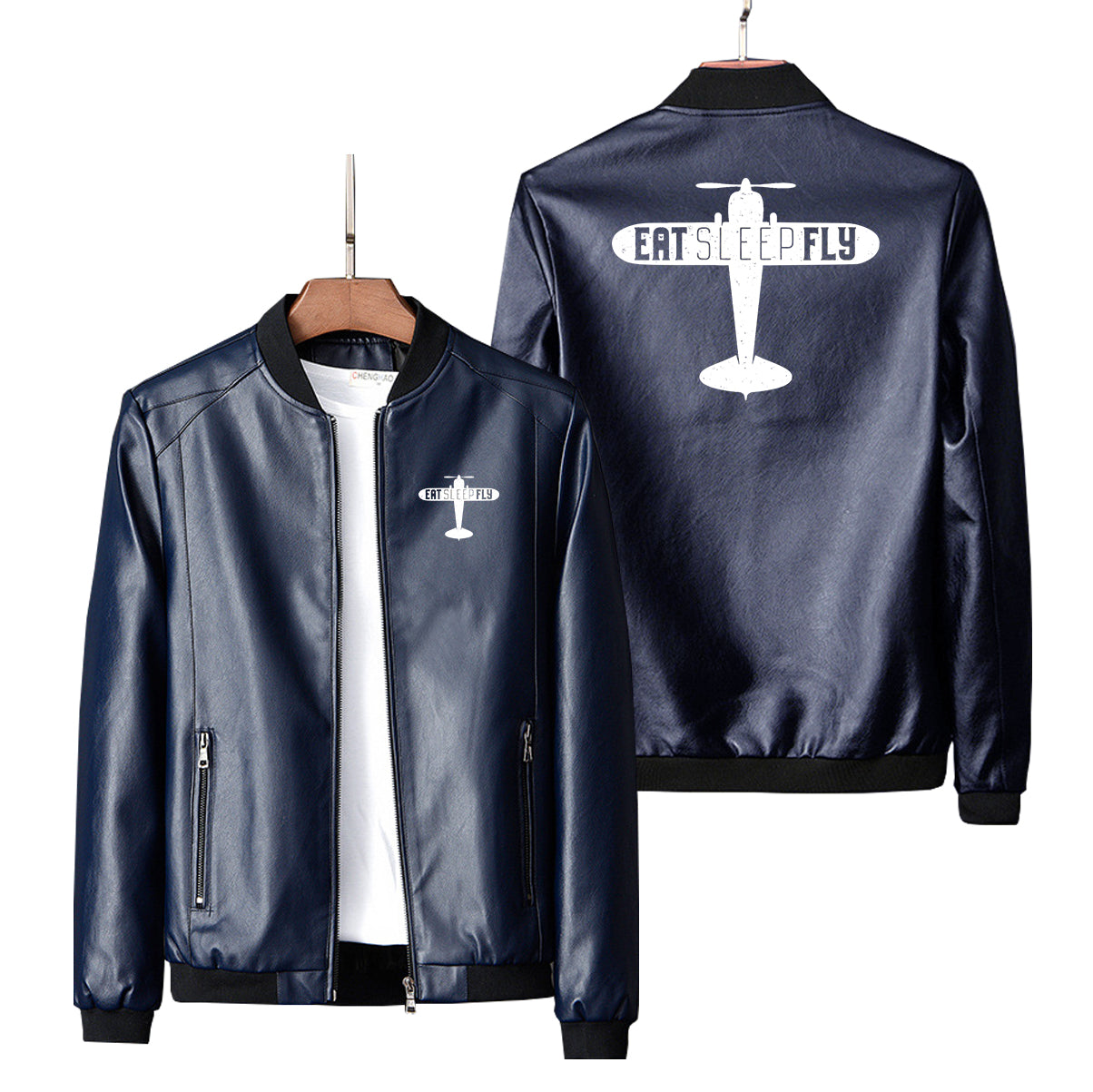 Eat Sleep Fly & Propeller Designed PU Leather Jackets