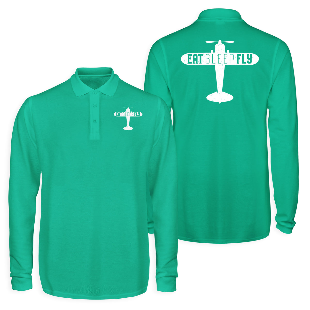 Eat Sleep Fly & Propeller Designed Long Sleeve Polo T-Shirts (Double-Side)