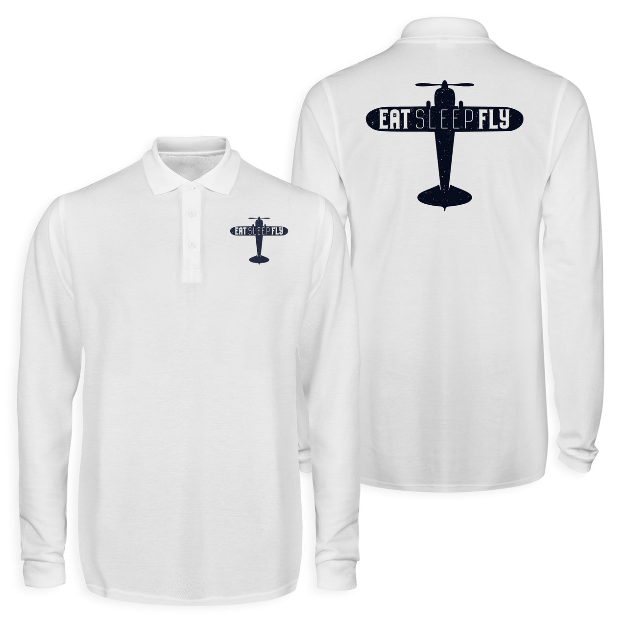 Eat Sleep Fly & Propeller Designed Long Sleeve Polo T-Shirts (Double-Side)