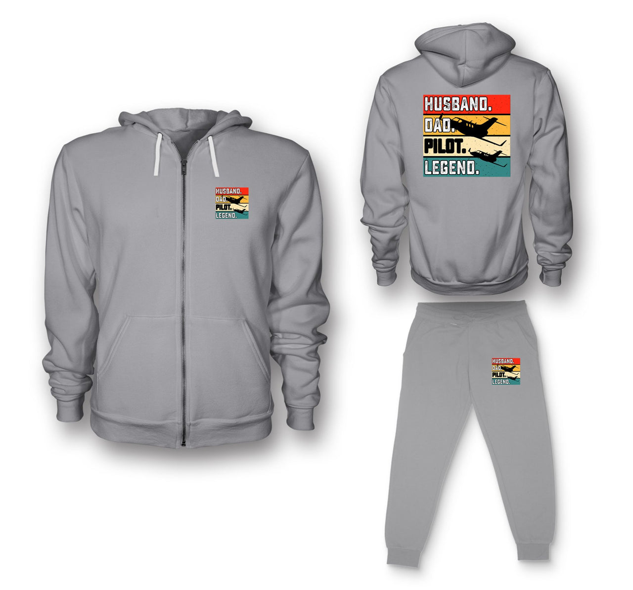 Husband & Dad & Pilot & Legend Designed Zipped Hoodies & Sweatpants Set