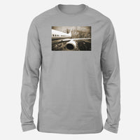 Thumbnail for Departing Aircraft & City Scene behind Designed Long-Sleeve T-Shirts