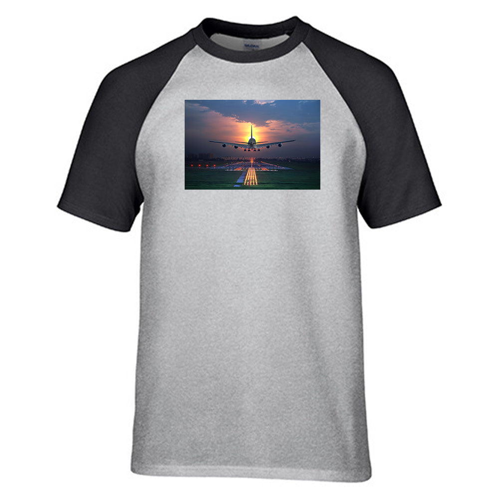 Super Airbus A380 Landing During Sunset Designed Raglan T-Shirts