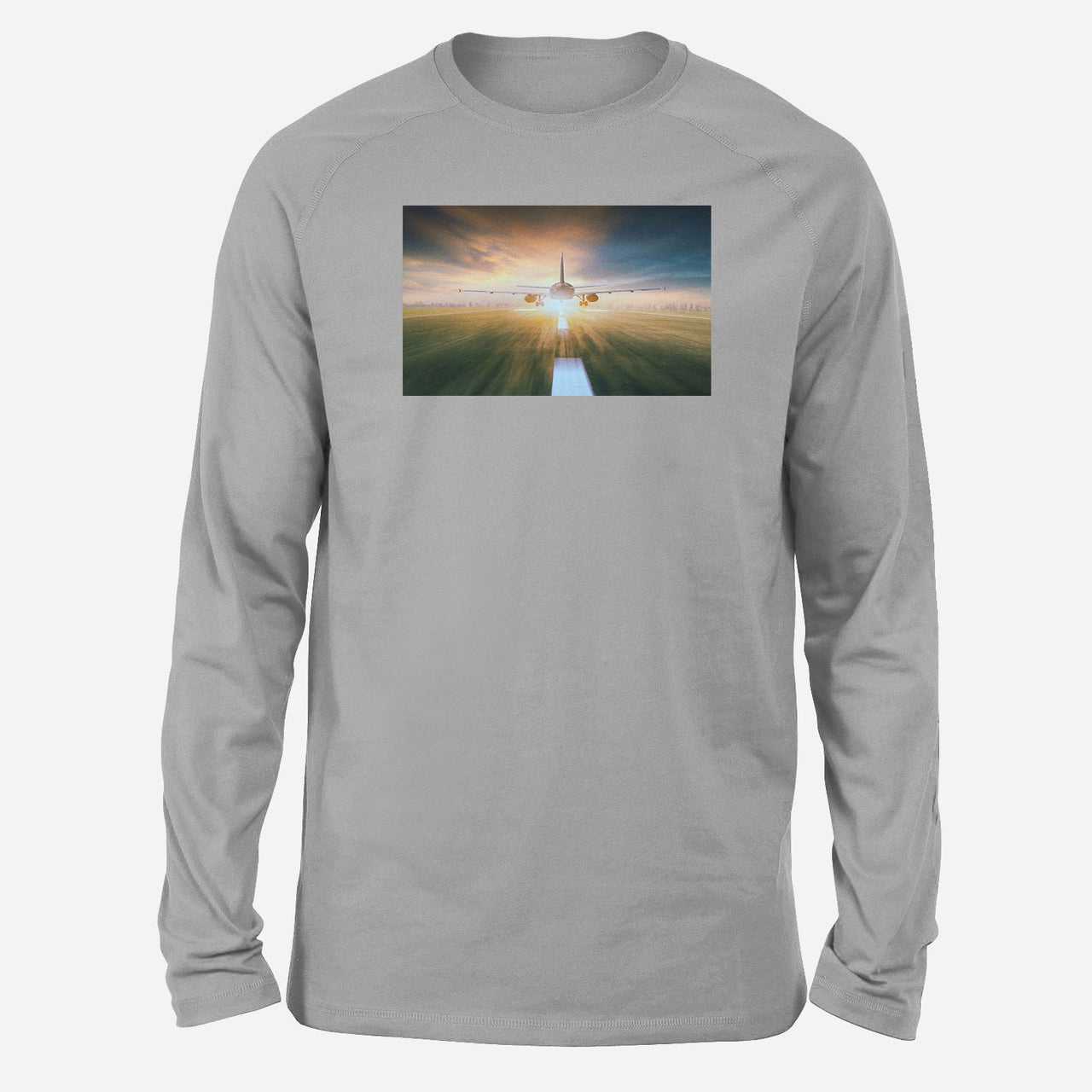 Airplane Flying Over Runway Designed Long-Sleeve T-Shirts