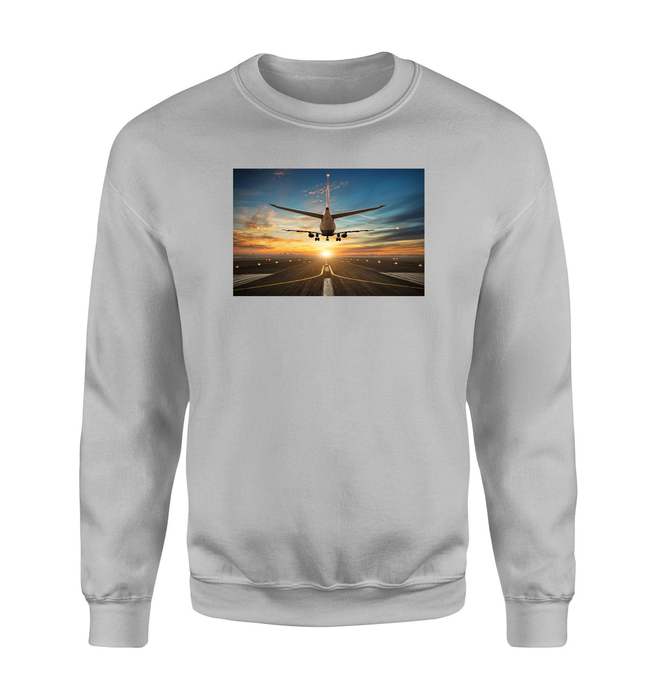 Airplane over Runway Towards the Sunrise Designed Sweatshirts