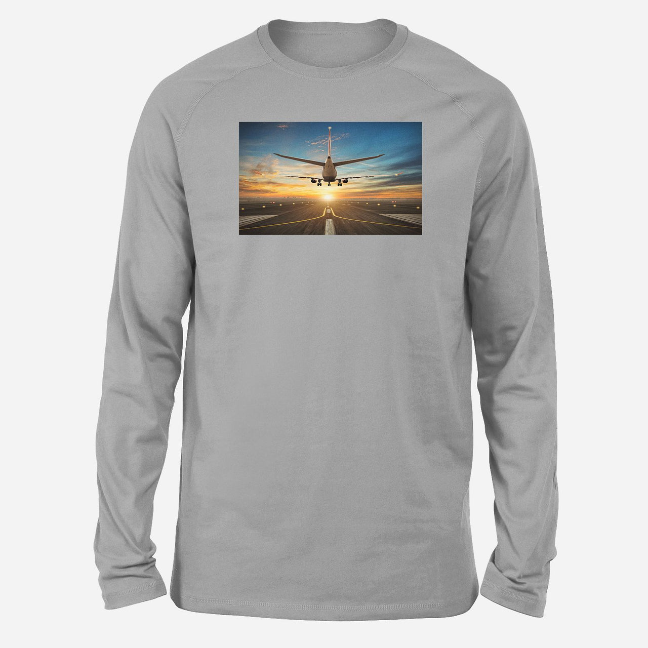 Airplane over Runway Towards the Sunrise Designed Long-Sleeve T-Shirts