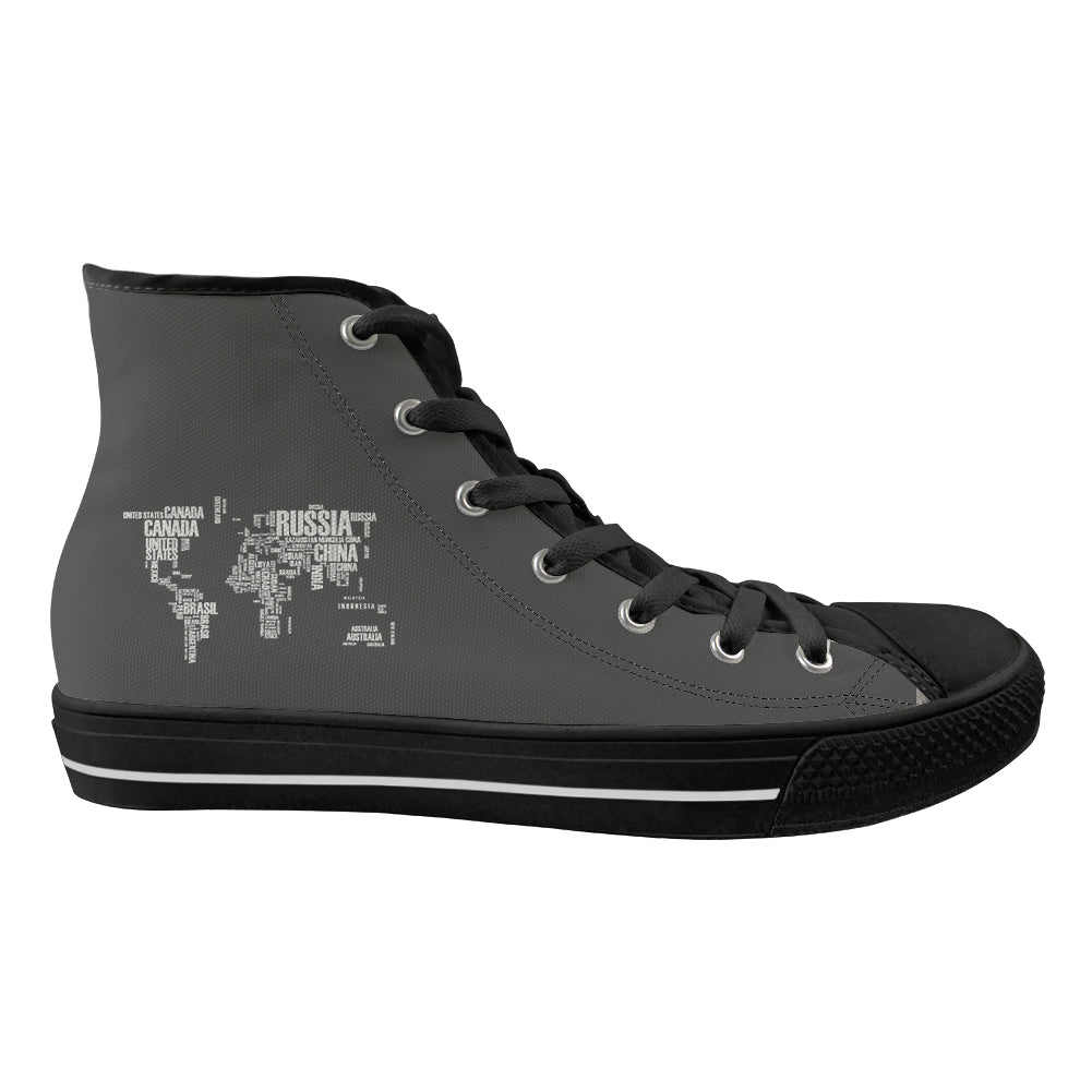 World Map (Text) Designed Long Canvas Shoes (Men)