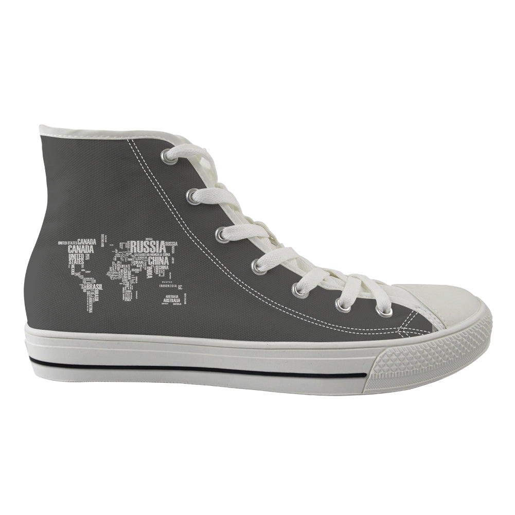 World Map (Text) Designed Long Canvas Shoes (Men)