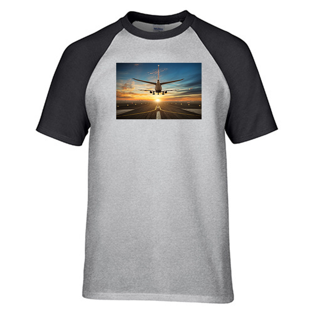 Airplane over Runway Towards the Sunrise Designed Raglan T-Shirts