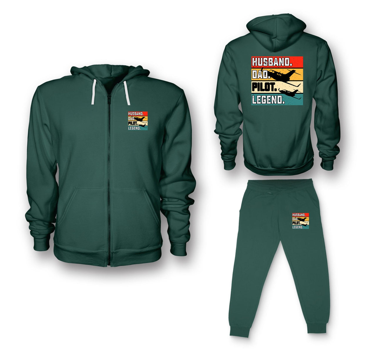 Husband & Dad & Pilot & Legend Designed Zipped Hoodies & Sweatpants Set