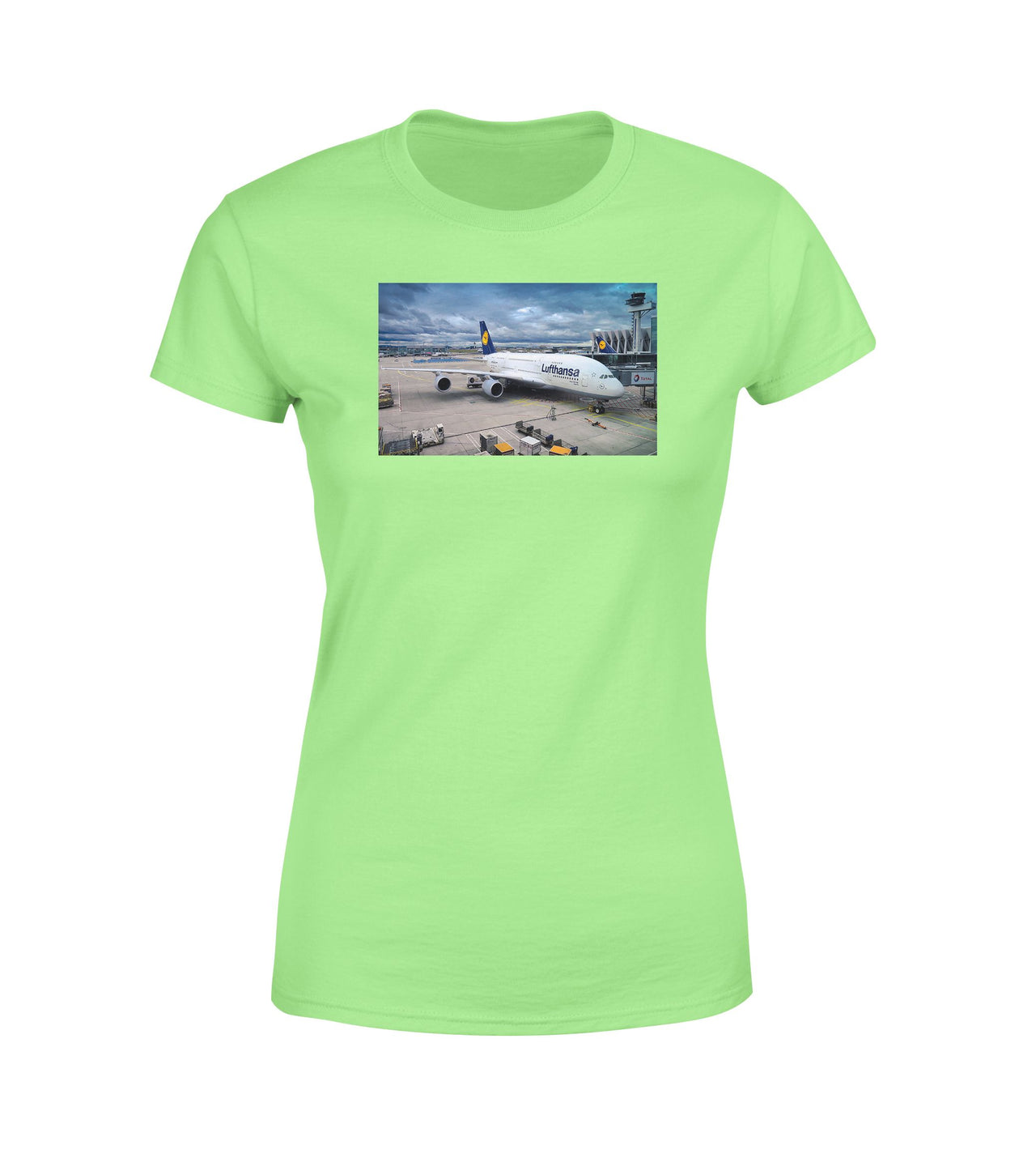 Lufthansa's A380 At The Gate Designed Women T-Shirts